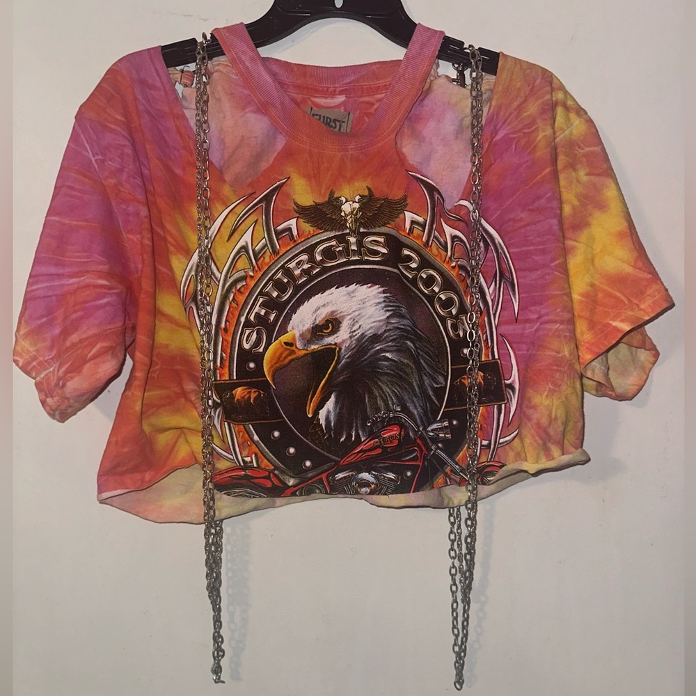 Vintage reworked Harley Davidson sturgis tie dye chain crop tee
